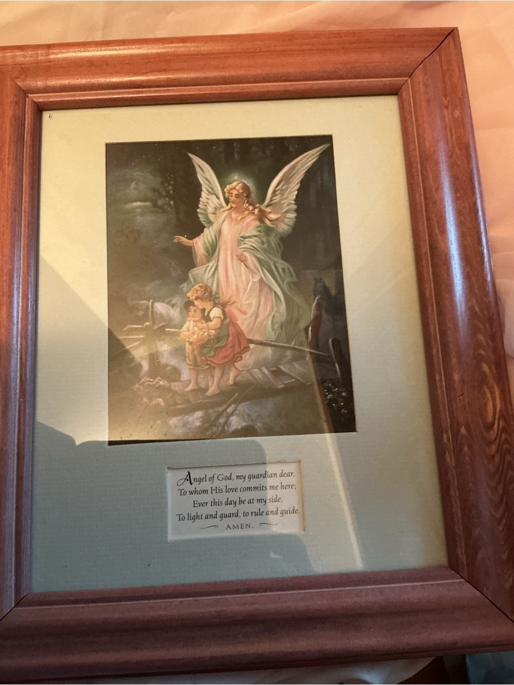 Framed Guardian Angel Print in Wood Frame - Mint Mat